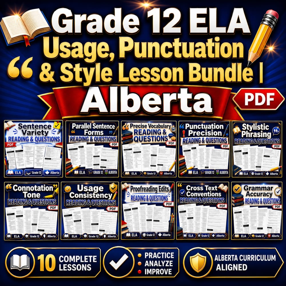 Grade 12 ELA Usage, Punctuation & Style Lesson Bundle | Alberta — bundle cover