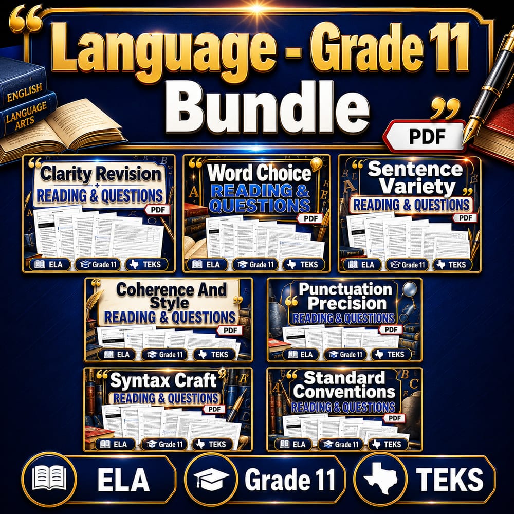 Grade 11 Language Lesson Bundle — ELA TEKS Writing Skills — bundle cover