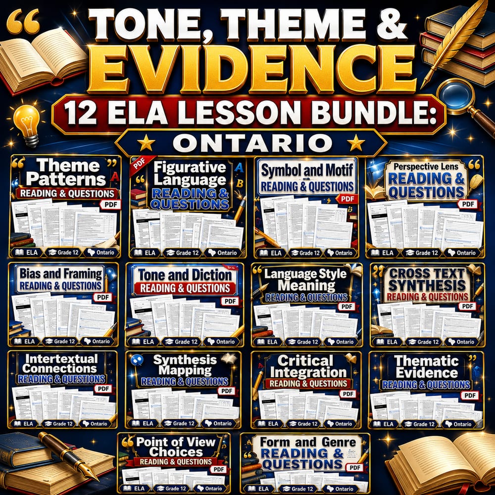 Tone, Theme & Evidence Grade 12 ELA Lesson Bundle: Ontario — bundle cover