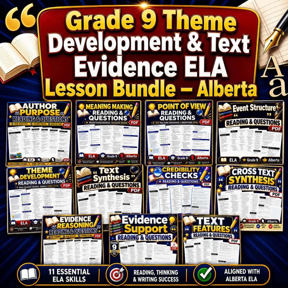 Grade 9 Theme Development & Text Evidence ELA Lesson Bundle – Alberta — bundle cover