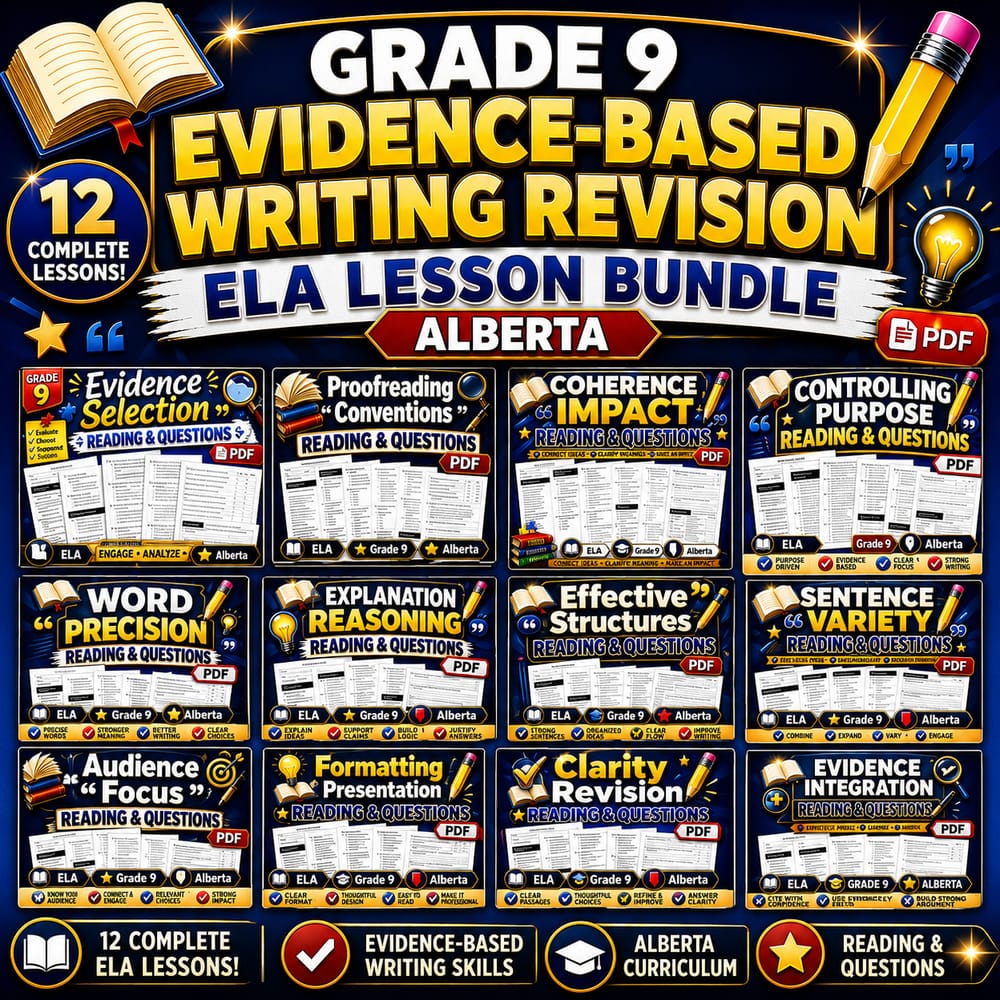 Grade 9 Evidence-Based Writing Revision ELA Lesson Bundle (Alberta) — bundle cover