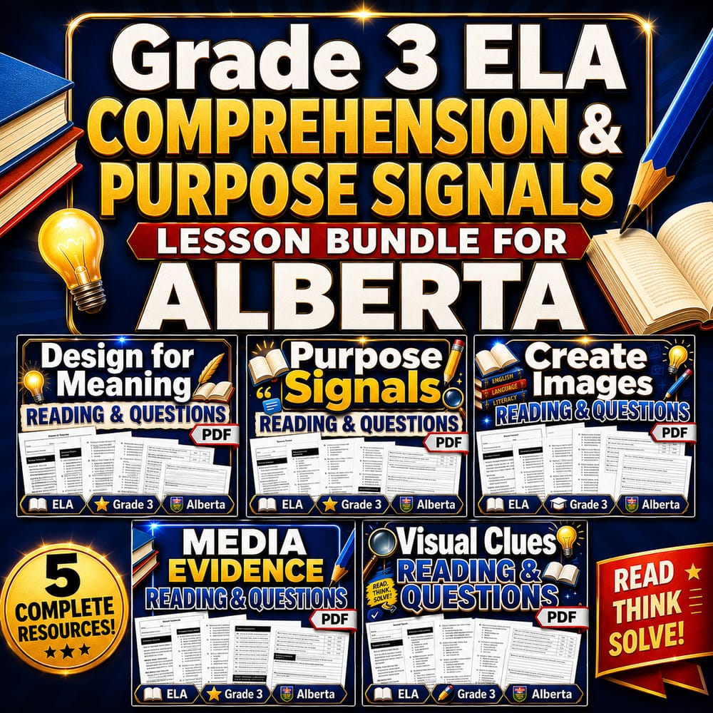 Grade 3 ELA Comprehension & Purpose Signals Lesson Bundle for Alberta — bundle cover