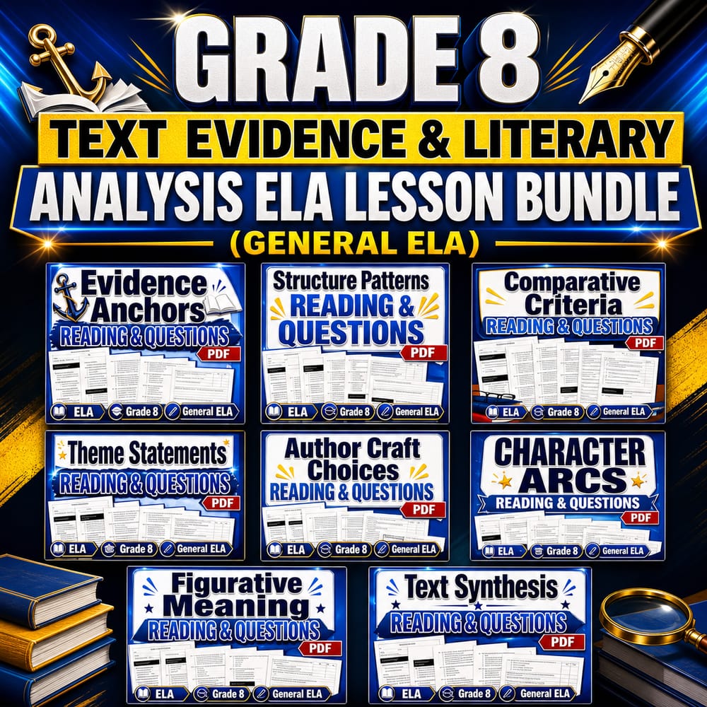 Grade 8 Text Evidence & Literary Analysis ELA Lesson Bundle (General ELA) — bundle cover