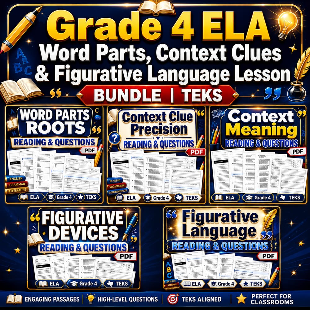 Grade 4 ELA Word Parts, Context Clues & Figurative Language Lesson Bundle | TEKS — bundle cover