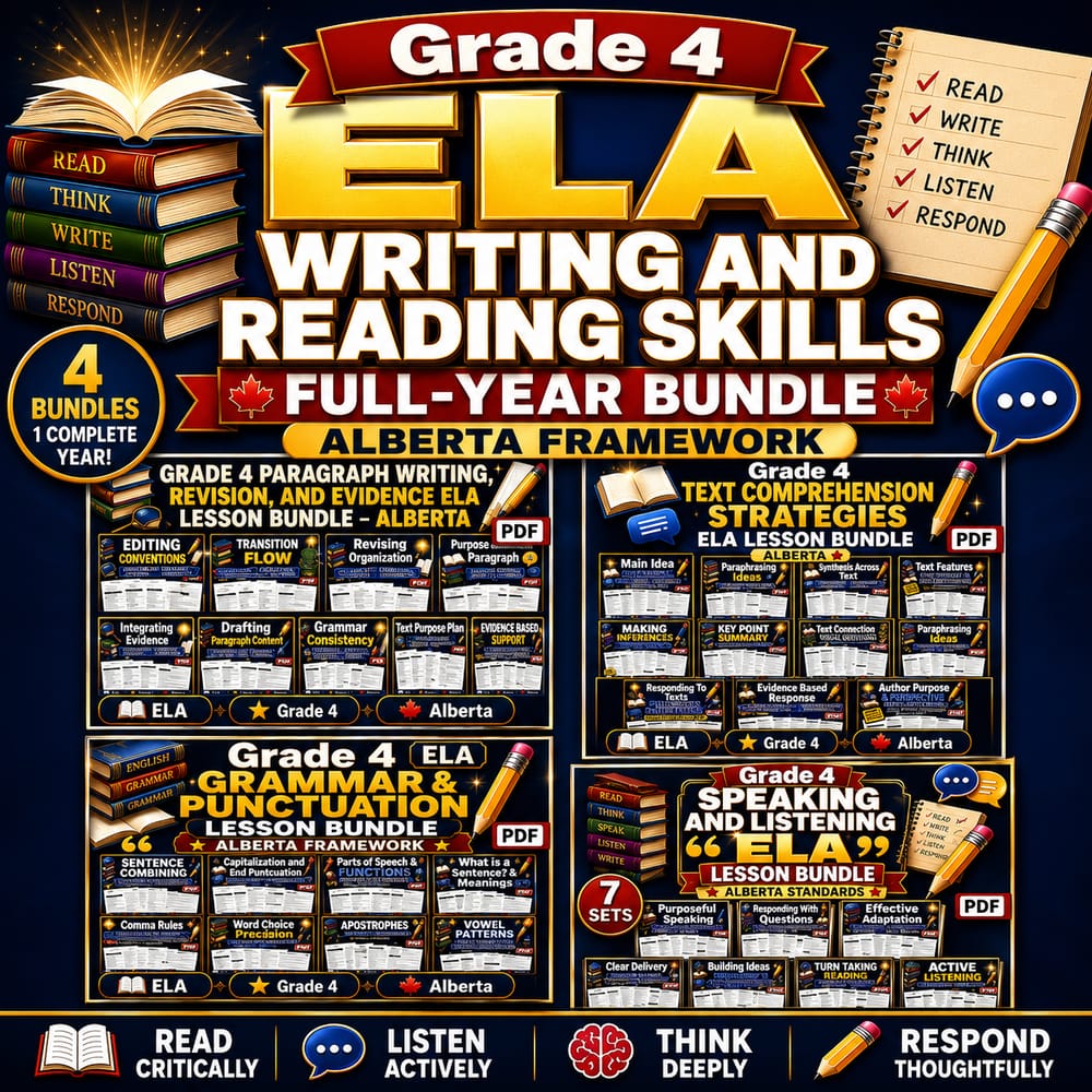 Grade 4 ELA Writing and Reading Skills Full-Year Bundle: Alberta Framework — bundle cover