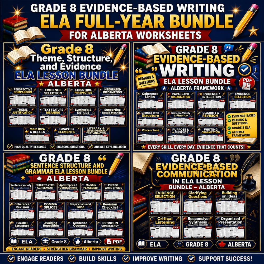 Grade 8 Evidence-Based Writing ELA Full-Year Bundle for Alberta Worksheets — bundle cover
