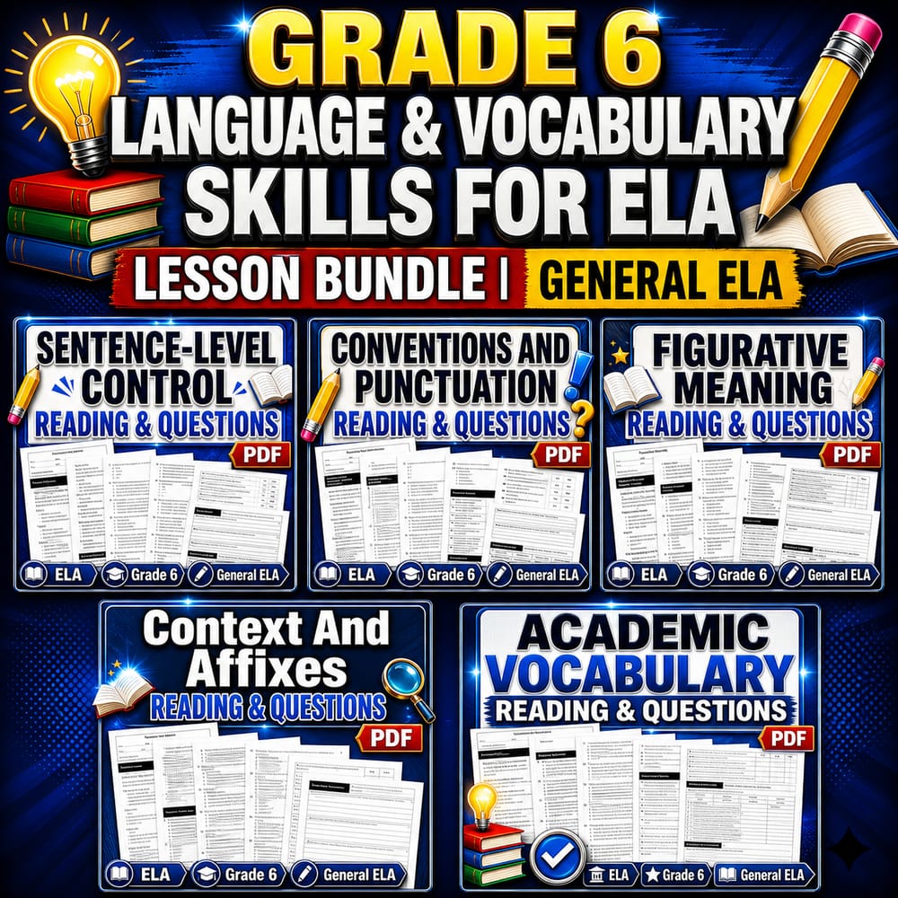 Grade 6 Language & Vocabulary Skills for ELA Lesson Bundle | General ELA — bundle cover
