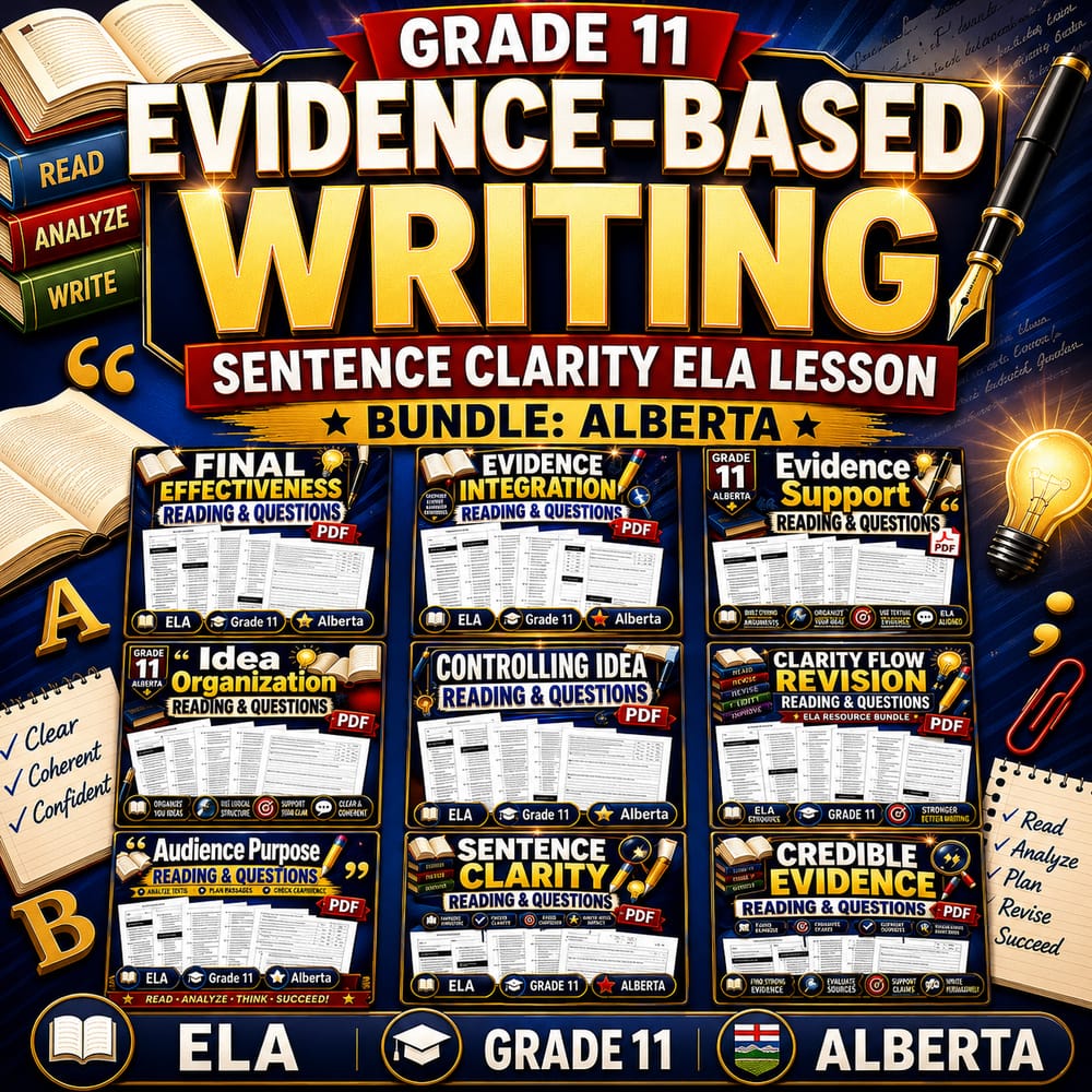 Grade 11 Evidence-Based Writing Sentence Clarity ELA Lesson Bundle: Alberta — bundle cover