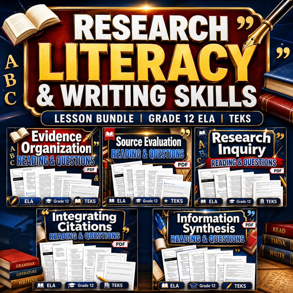 Research Literacy & Writing Skills Lesson Bundle | Grade 12 ELA | teks — bundle cover