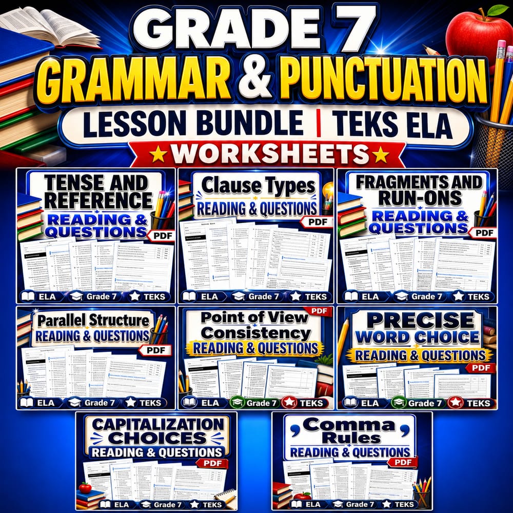 Grade 7 Grammar & Punctuation Lesson Bundle | TEKS ELA Worksheets — bundle cover