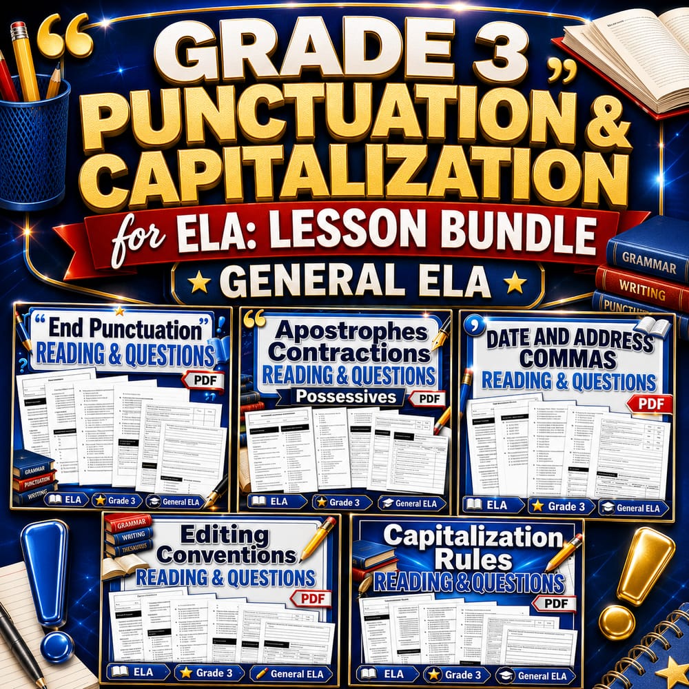 Grade 3 Punctuation & Capitalization for ELA: Lesson Bundle (General ELA) — bundle cover