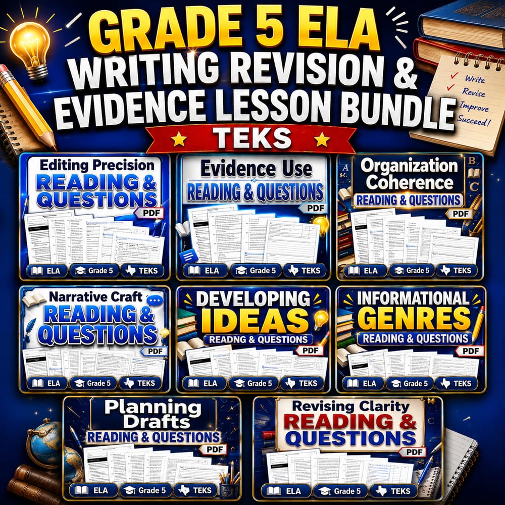 Grade 5 ELA Writing Revision & Evidence Lesson Bundle | TEKS — bundle cover