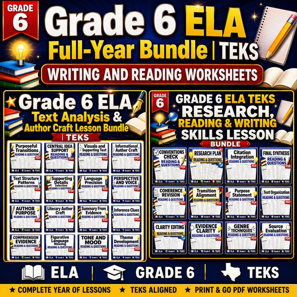 Grade 6 ELA Full-Year Bundle | TEKS Writing and Reading Worksheets — bundle cover