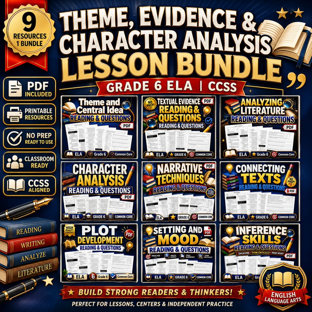 Theme, Evidence & Character Analysis Lesson Bundle | Grade 6 ELA | CCSS — bundle cover