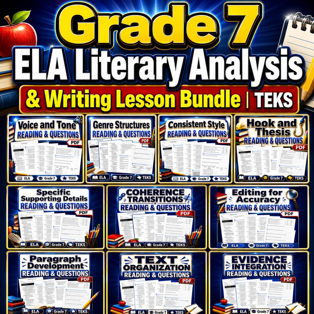 Grade 7 ELA Literary Analysis & Writing Lesson Bundle | TEKS — bundle cover