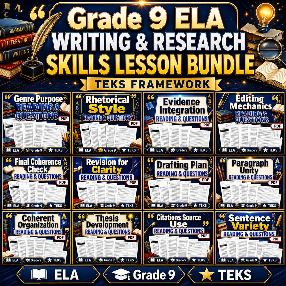 Grade 9 ELA Writing & Research Skills Lesson Bundle | TEKS Framework — bundle cover