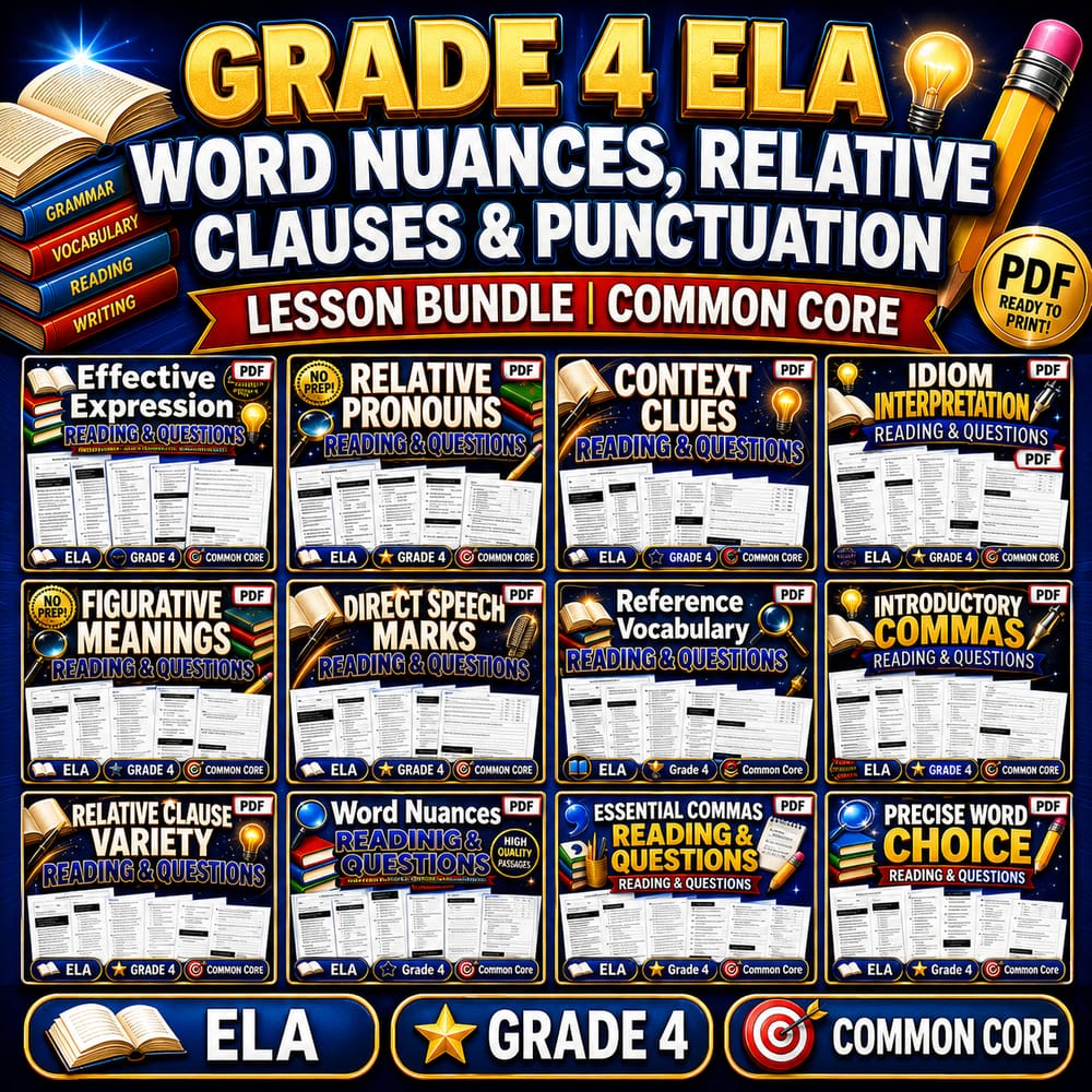 Grade 4 ELA Word Nuances, Relative Clauses & Punctuation Lesson Bundle | CCSS — bundle cover