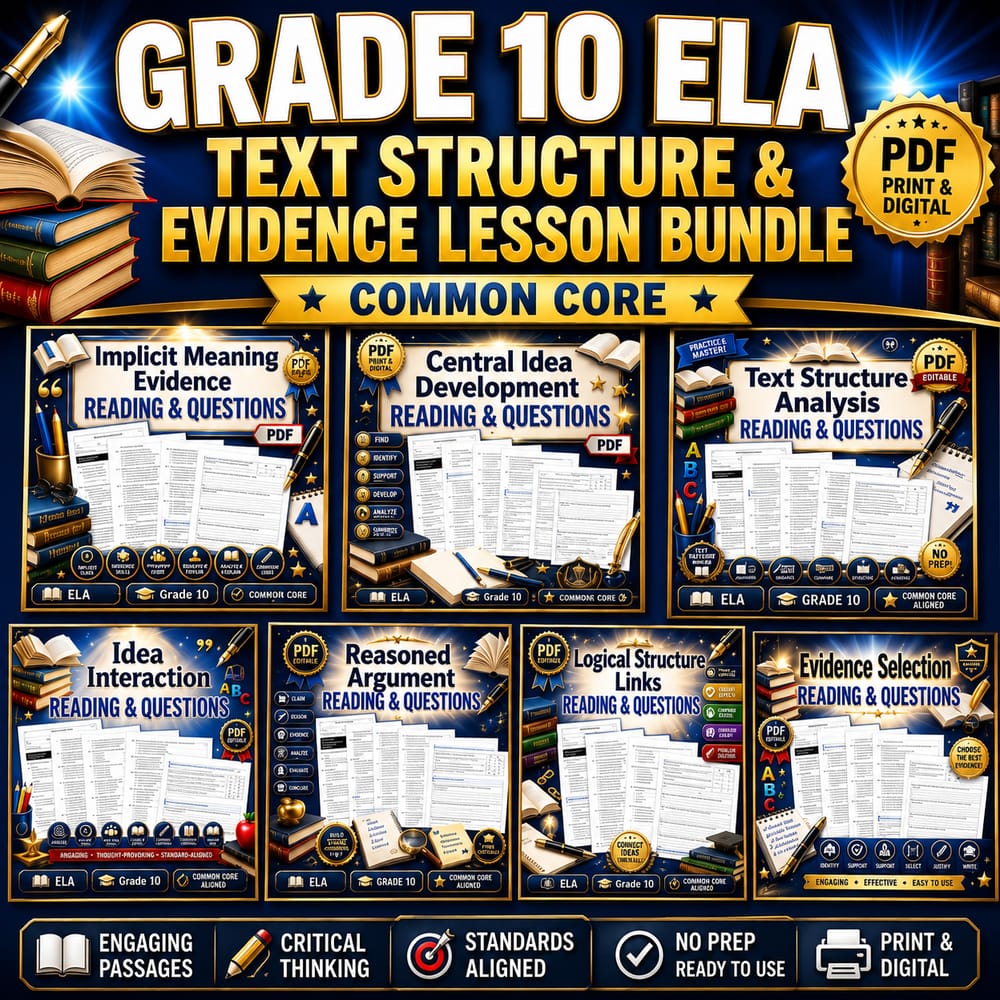 Grade 10 ELA Text Structure & Evidence Lesson Bundle | Common Core — bundle cover