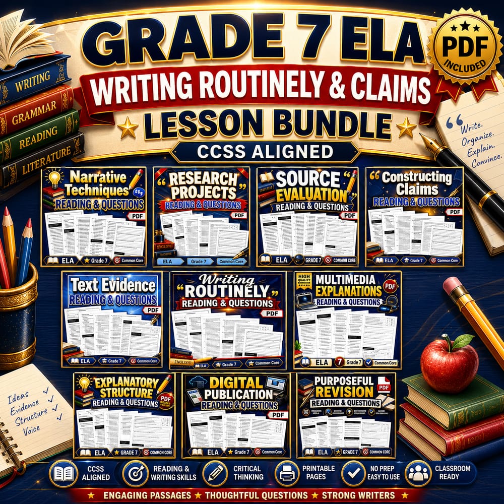 Grade 7 ELA Writing Routinely & Claims Lesson Bundle | CCSS — bundle cover