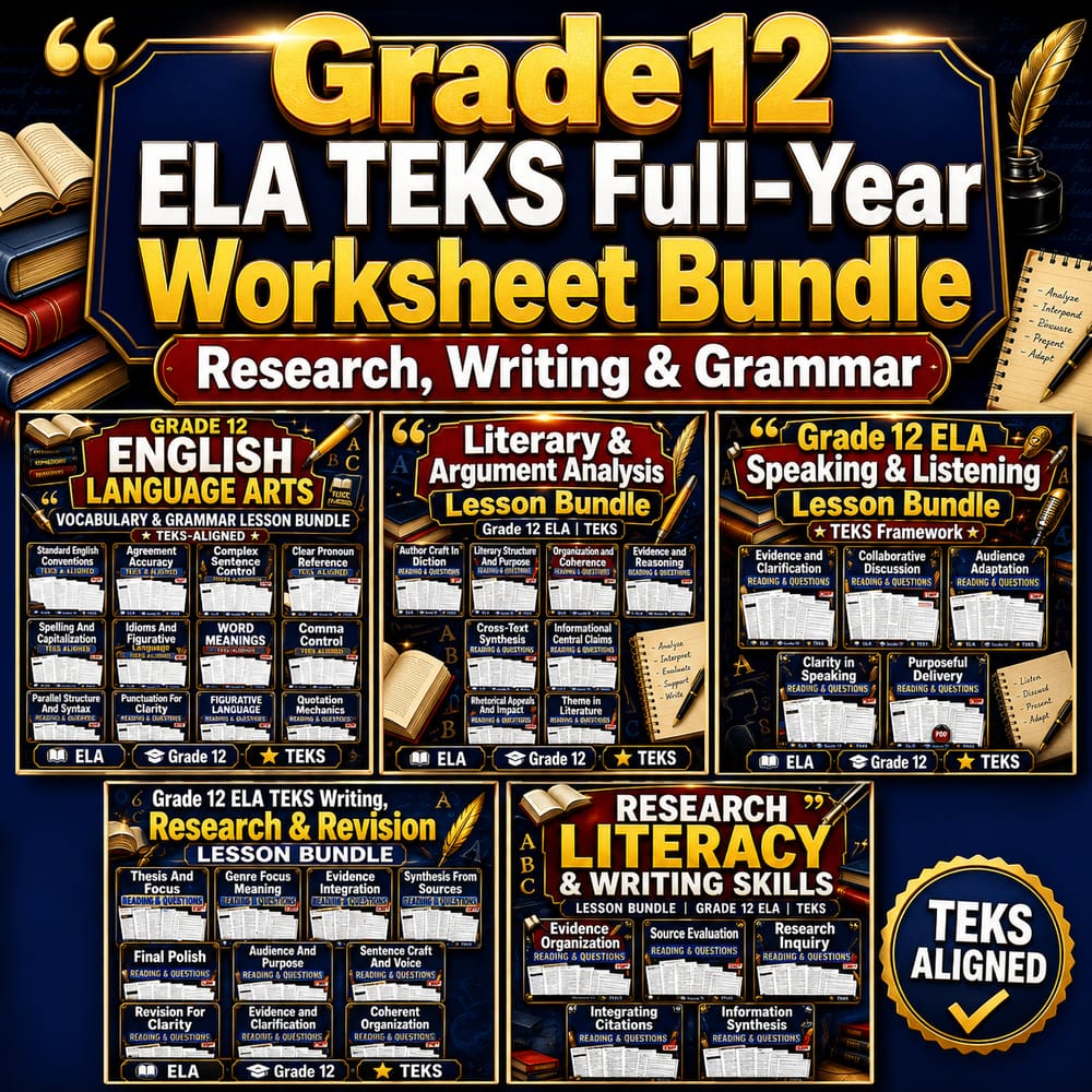 Grade 12 ELA TEKS Full-Year Worksheet Bundle | Research, Writing & Grammar — bundle cover
