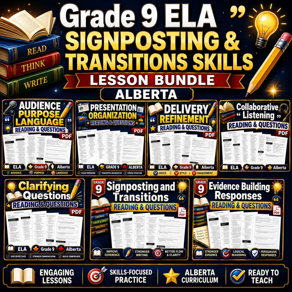 Grade 9 ELA Signposting & Transitions Skills Lesson Bundle - Alberta — bundle cover
