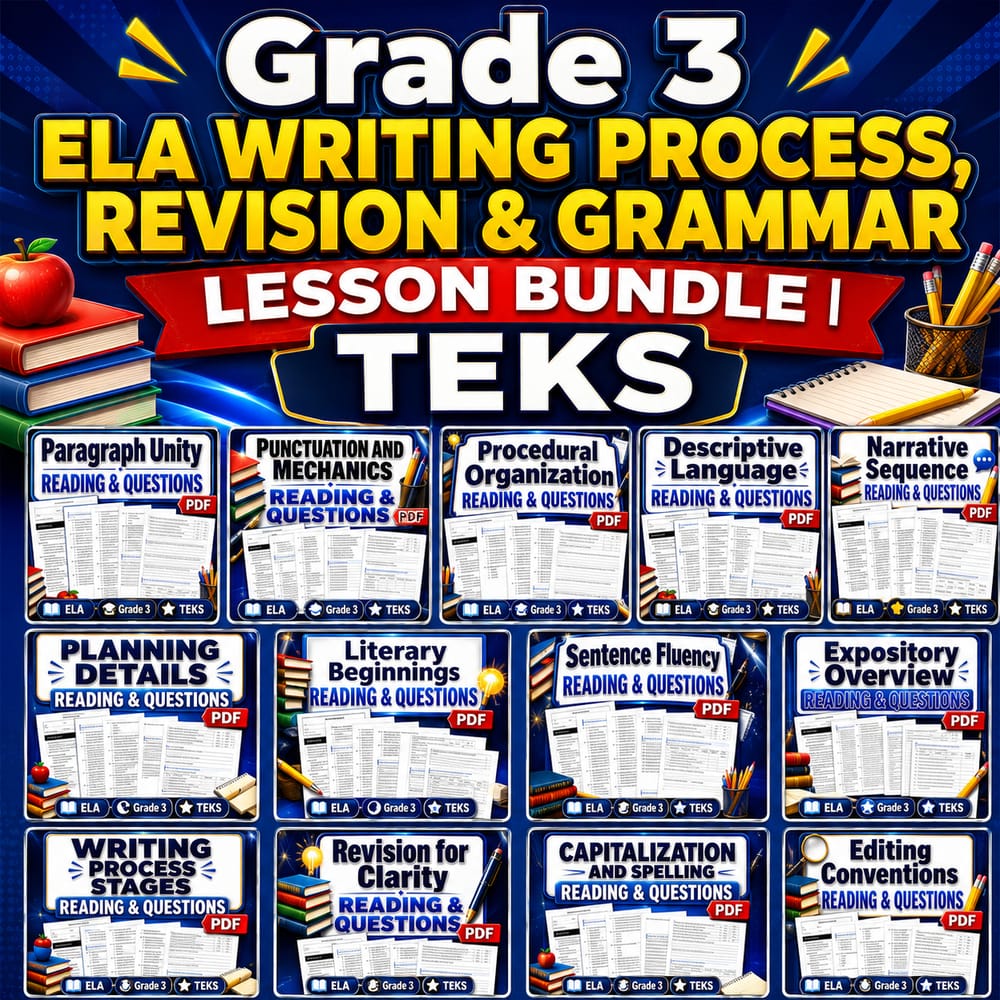 Grade 3 ELA Writing Process, Revision & Grammar Lesson Bundle | TEKS — bundle cover