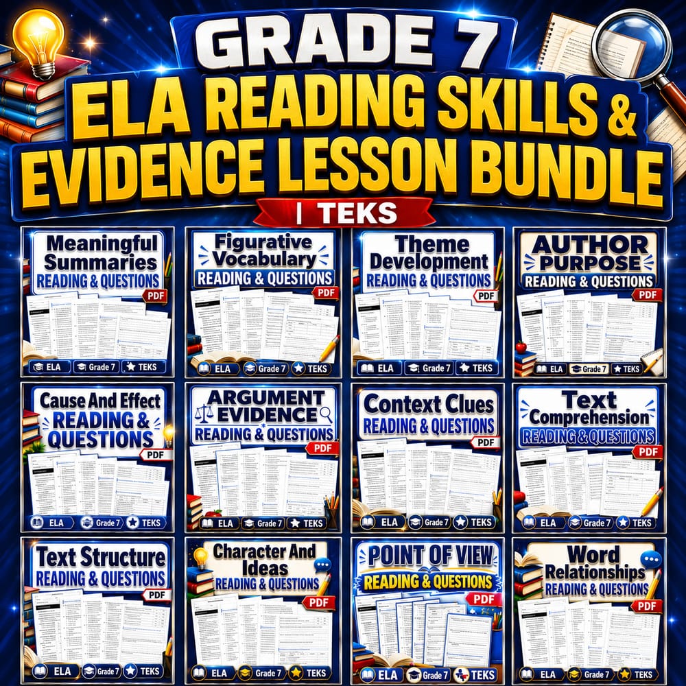 Grade 7 ELA Reading Skills & Evidence Lesson Bundle | TEKS — bundle cover