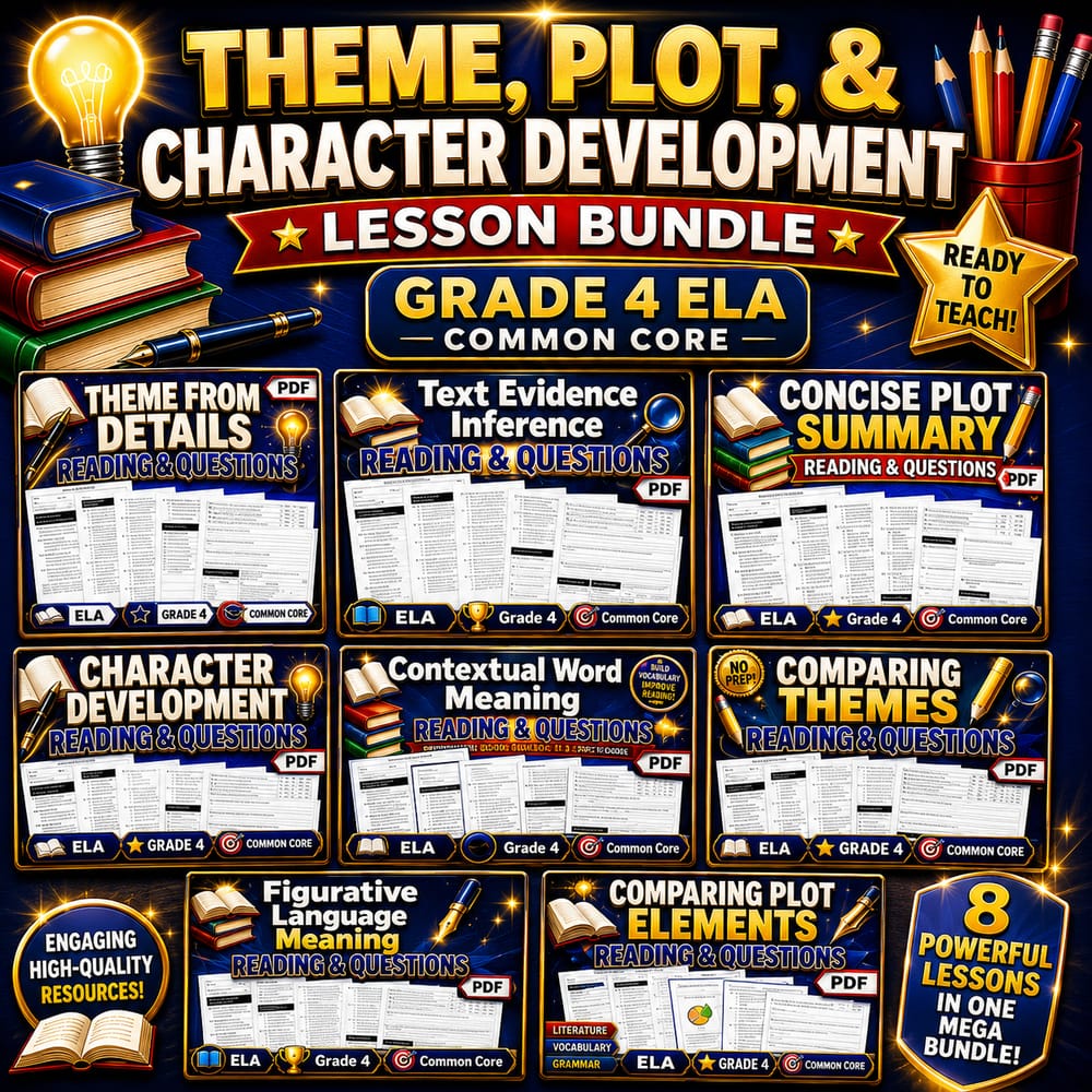 Theme, Plot, & Character Development Lesson Bundle | Grade 4 ELA | Common Core — bundle cover