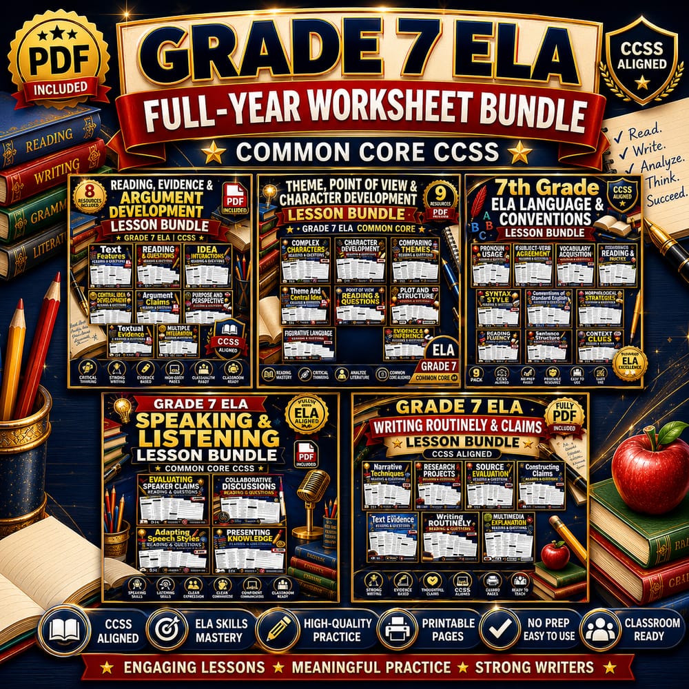 Grade 7 ELA Full-Year Worksheet Bundle | Common Core CCSS — bundle cover