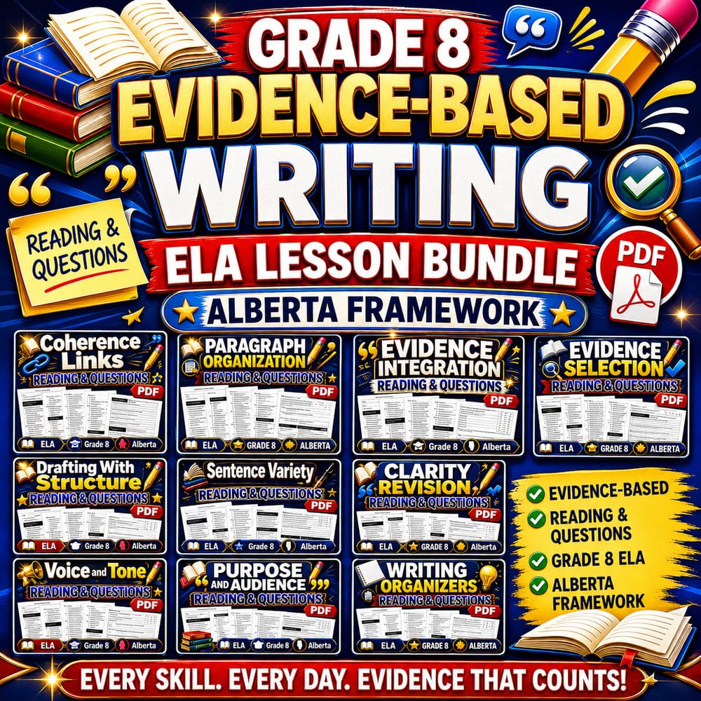 Grade 8 Evidence-Based Writing ELA Lesson Bundle | Alberta Framework — bundle cover
