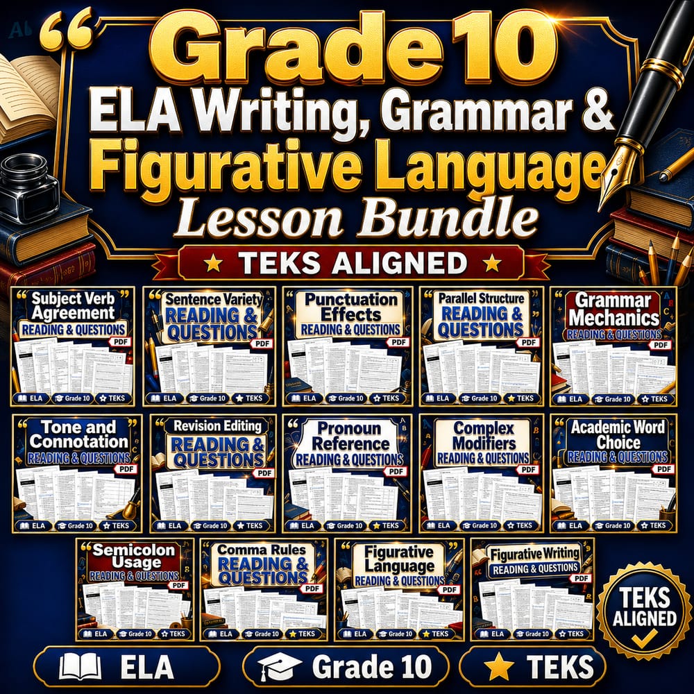 Grade 10 ELA Writing, Grammar & Figurative Language Lesson Bundle | TEKS — bundle cover