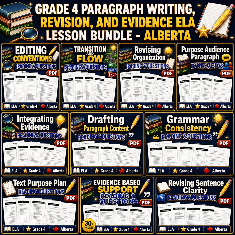 Grade 4 Paragraph Writing, Revision, and Evidence ELA Lesson Bundle – Alberta — bundle cover