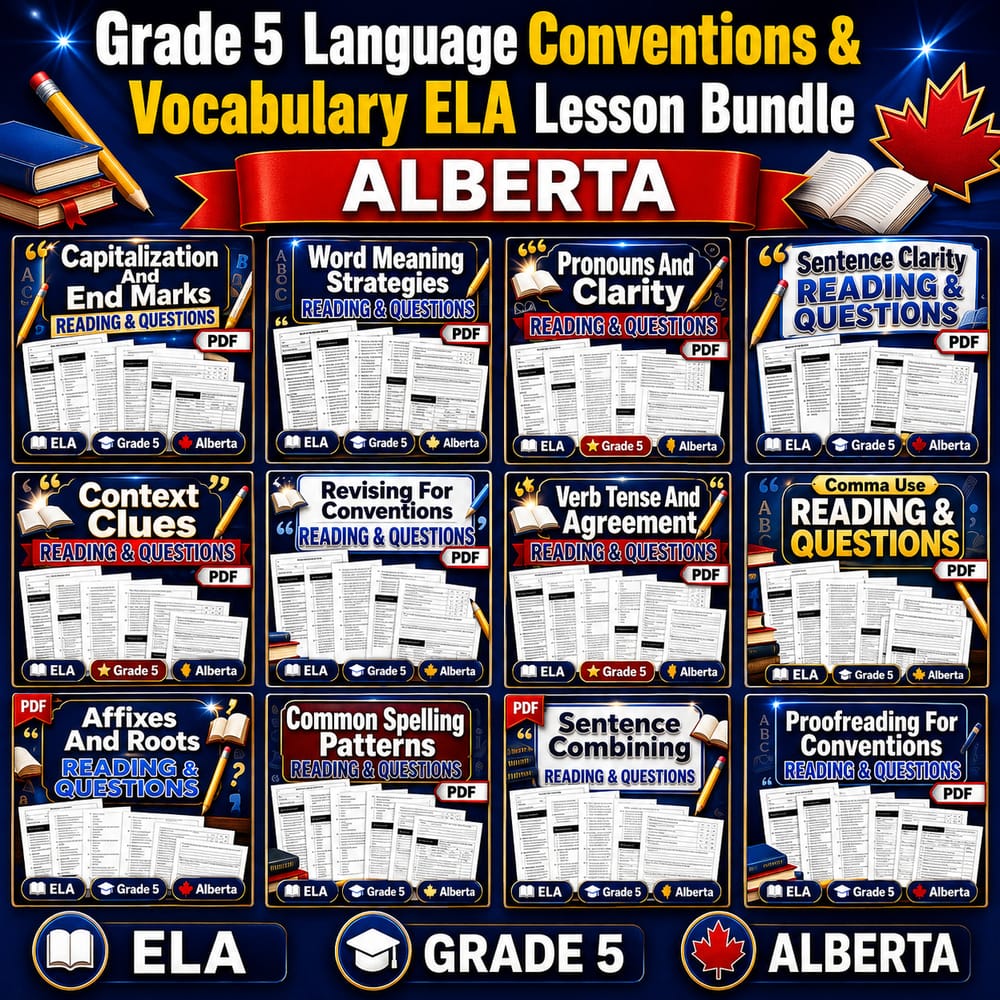 Grade 5 Language Conventions & Vocabulary ELA Lesson Bundle Alberta — bundle cover