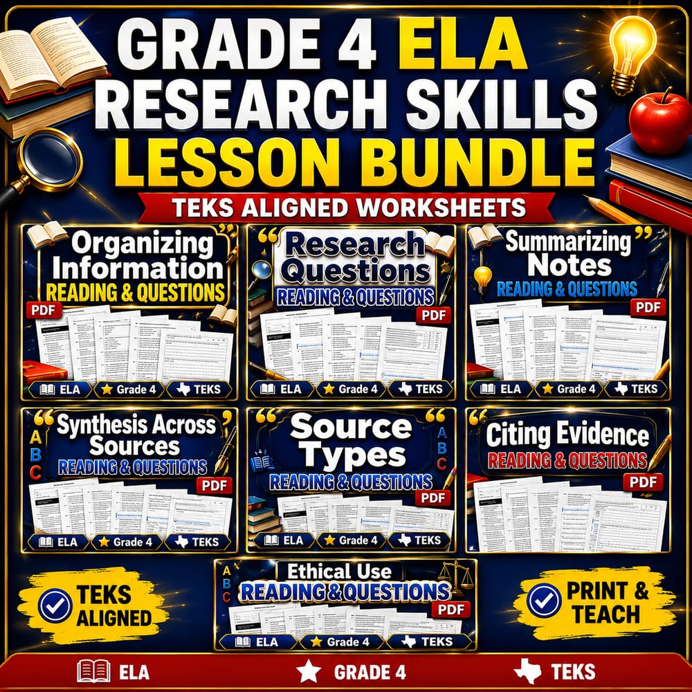 Grade 4 ELA Research Skills Lesson Bundle – TEKS Aligned Worksheets — bundle cover