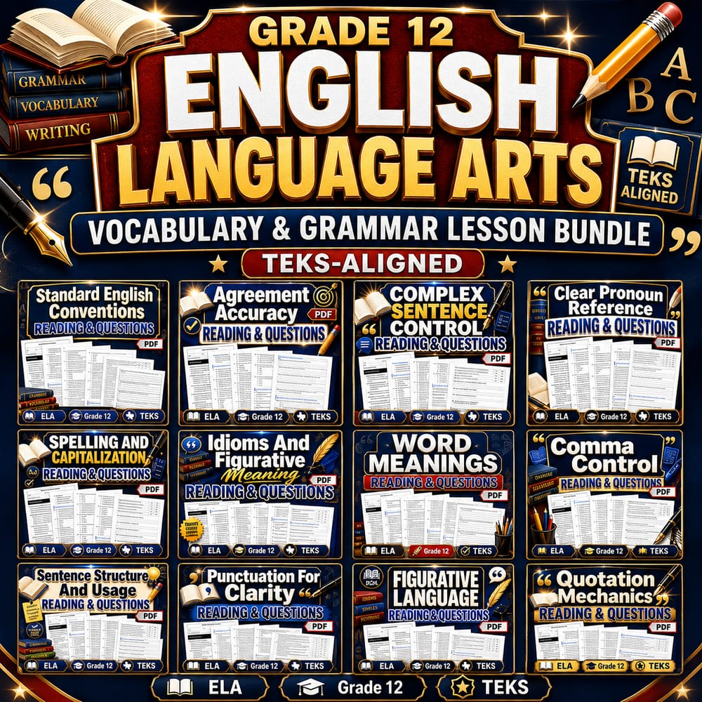 Grade 12 English Language Arts Vocabulary & Grammar Lesson Bundle | teks-aligned — bundle cover