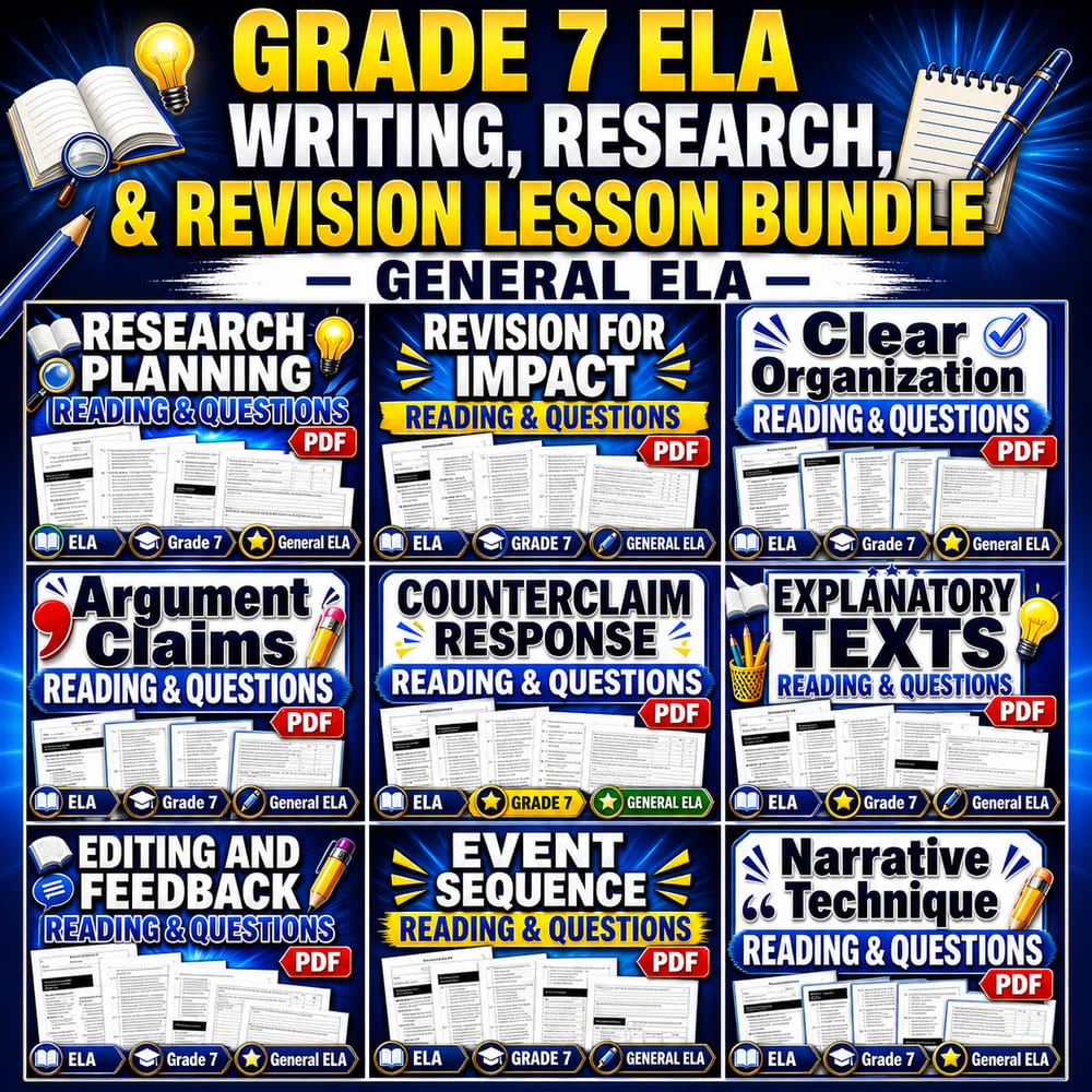 Grade 7 ELA Writing, Research, & Revision Lesson Bundle | General ELA — bundle cover