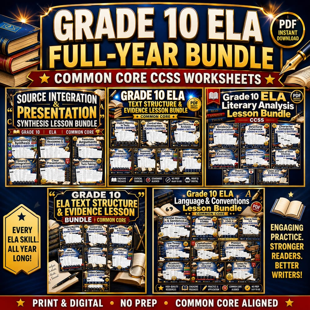 Grade 10 ELA Full-Year Bundle | Common Core CCSS Worksheets — bundle cover