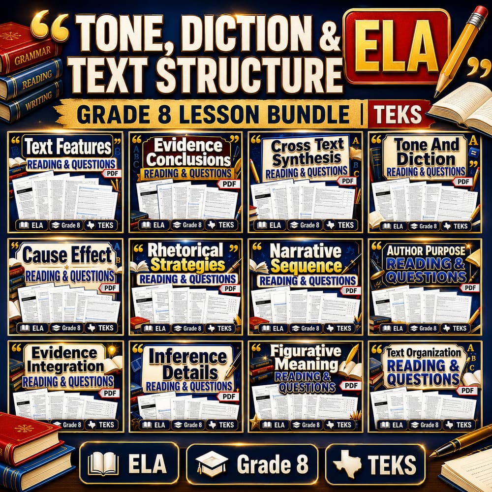 Tone, Diction & Text Structure ELA | Grade 8 Lesson Bundle | TEKS — bundle cover