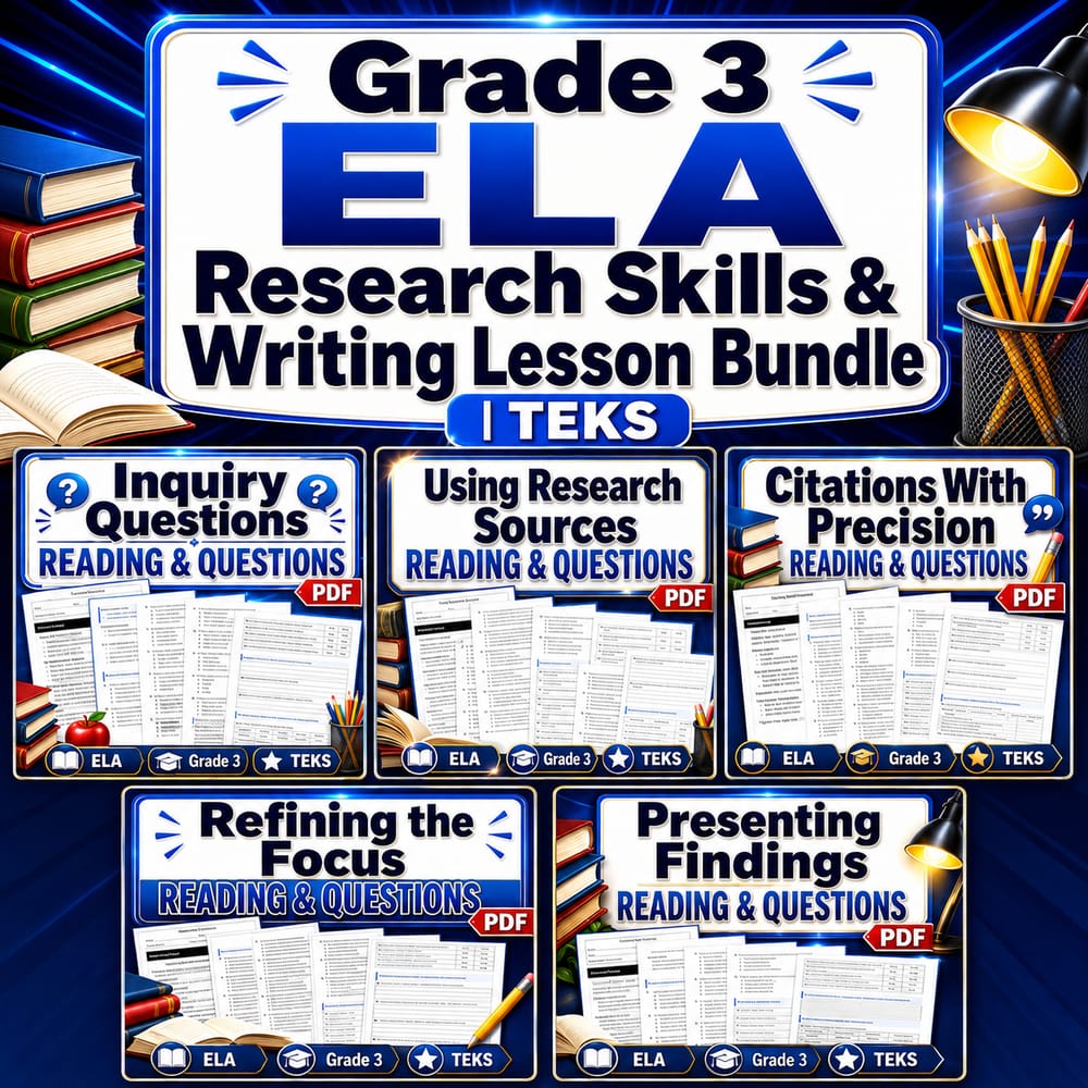 Grade 3 ELA Research Skills & Writing Lesson Bundle | TEKS — bundle cover