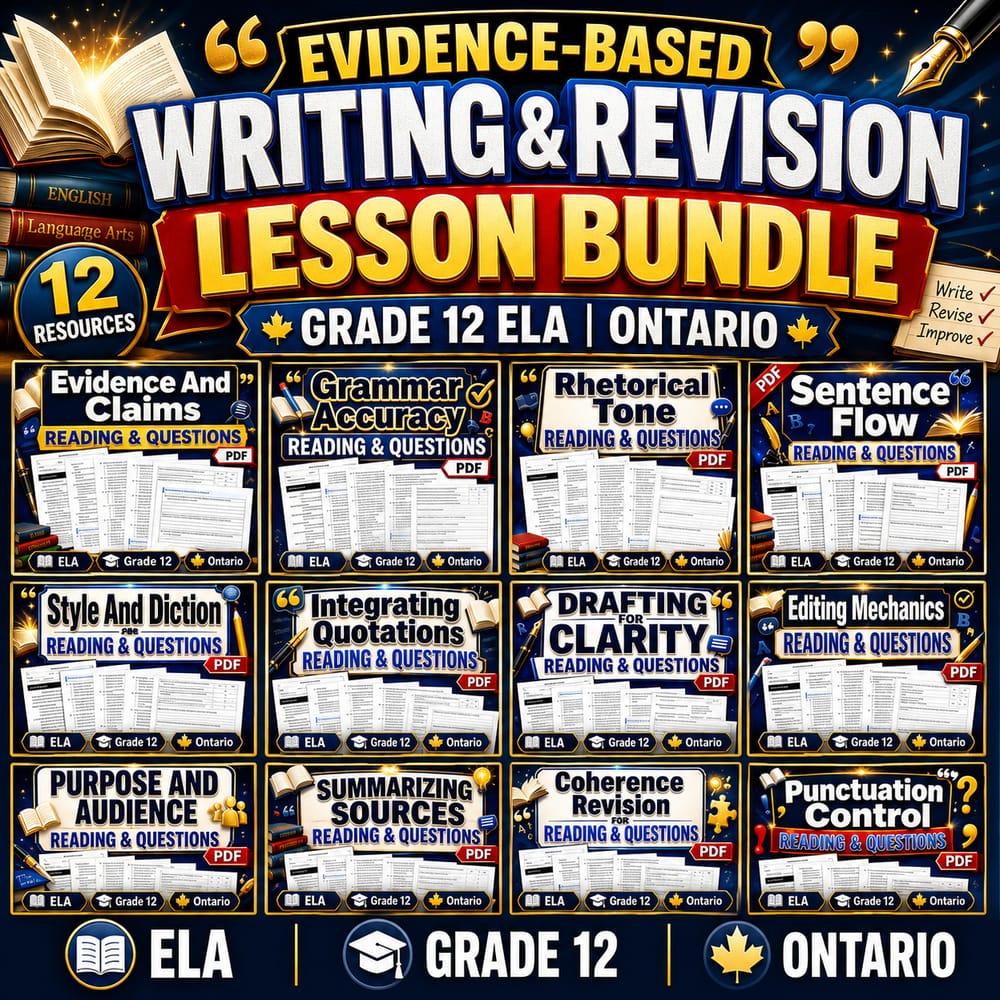 Evidence-Based Writing & Revision Lesson Bundle | Grade 12 ELA | Ontario — bundle cover