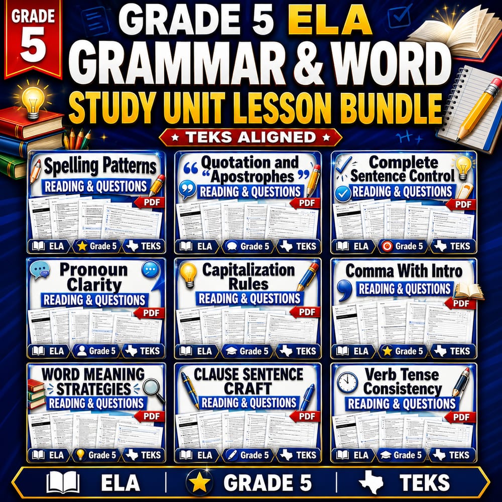 Grade 5 ELA Grammar & Word Study Unit Lesson Bundle | teks — bundle cover
