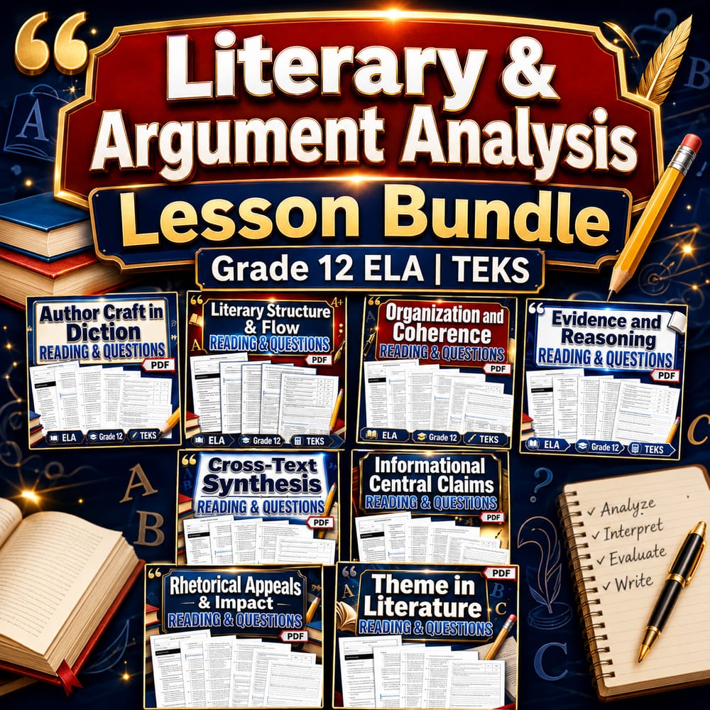 Literary & Argument Analysis Lesson Bundle | Grade 12 ELA | TEKS — bundle cover