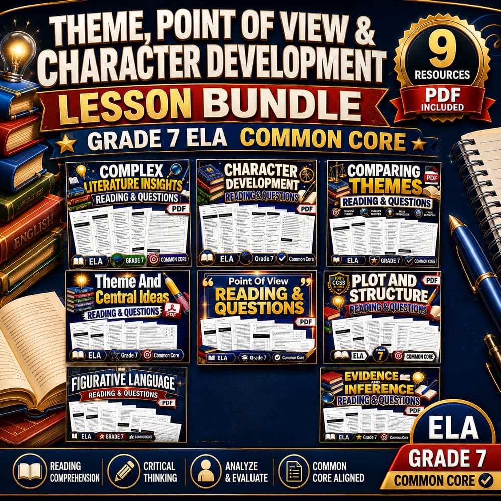 Theme, Point of View & Character Development Bundle: Grade 7 ELA Common Core — bundle cover