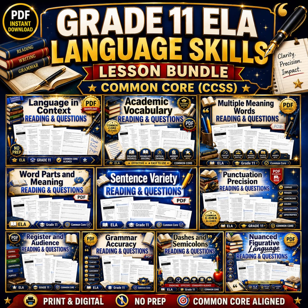 Grade 11 ELA Language Skills Lesson Bundle | Common Core (CCSS) — bundle cover