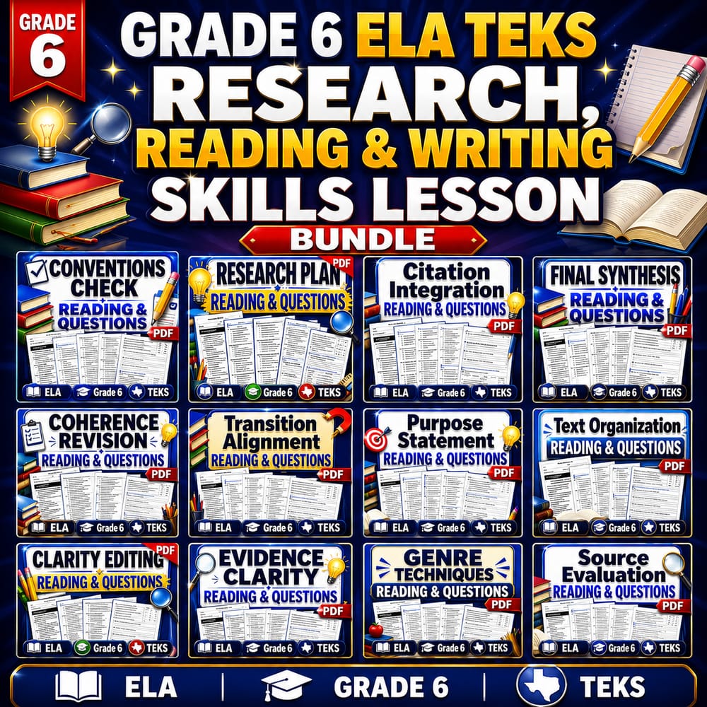 Grade 6 ELA TEKS Research, Reading & Writing Skills Lesson Bundle — bundle cover