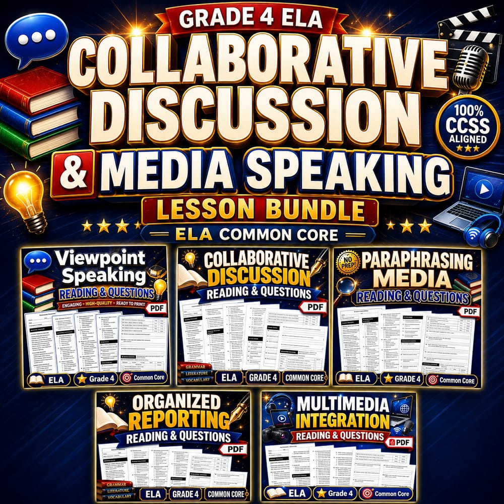 Collaborative Discussion & Media Speaking Lesson Bundle Grade 4 ELA Common Core — bundle cover