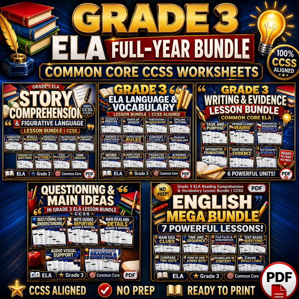 Grade 3 ELA Full-Year Bundle | Common Core CCSS Worksheets — bundle cover