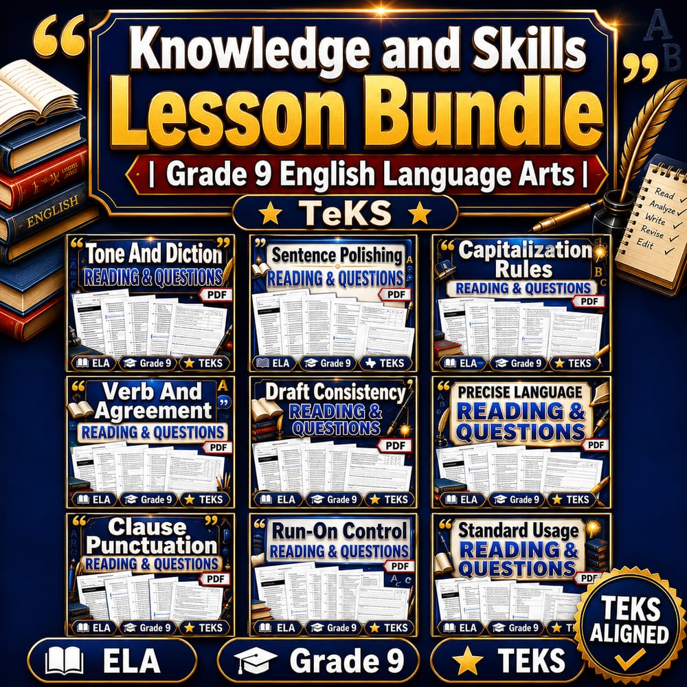 Knowledge and Skills Lesson Bundle | Grade 9 English Language Arts | TEKS — bundle cover