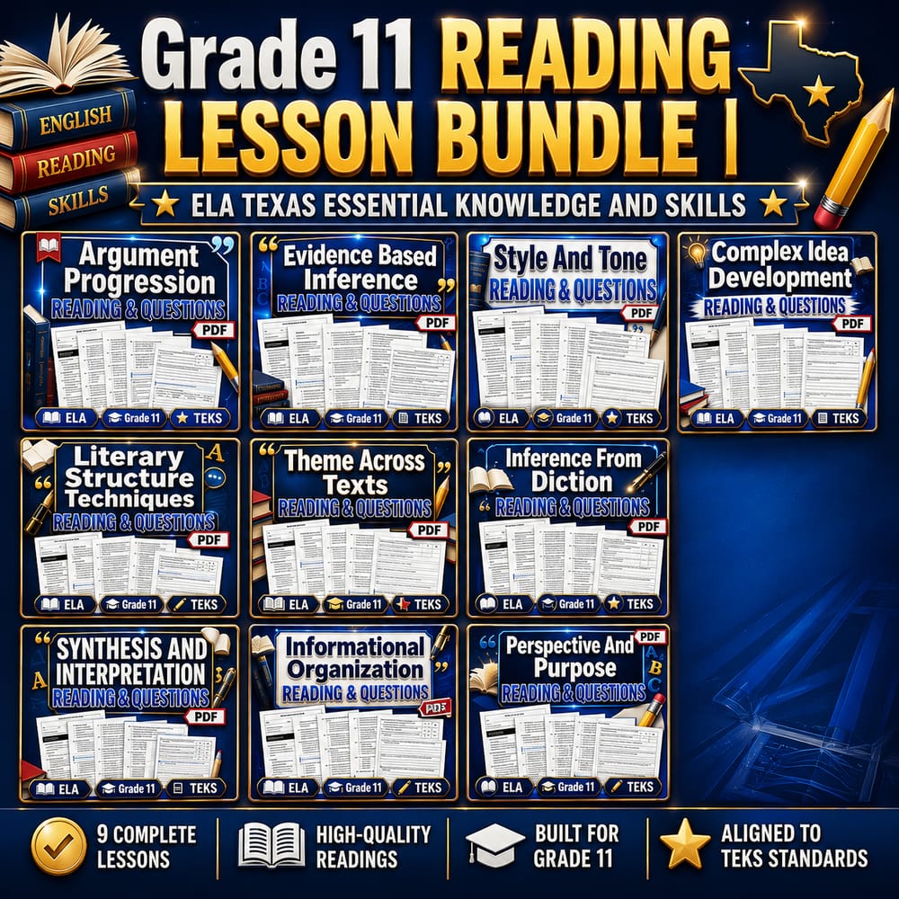 Grade 11 Reading Lesson Bundle | ELA Texas Essential Knowledge and Skills — bundle cover