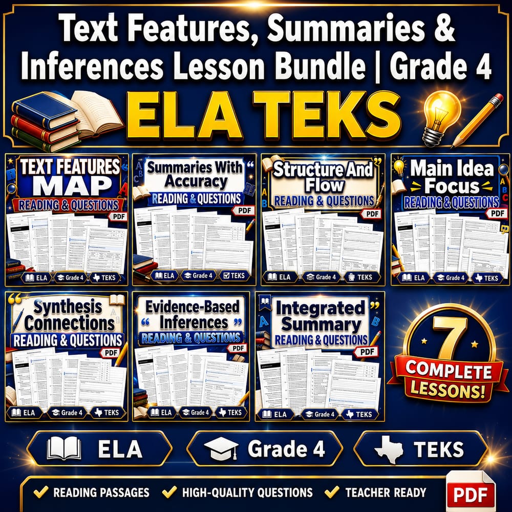 Text Features, Summaries & Inferences Lesson Bundle | Grade 4 ELA TEKS — bundle cover